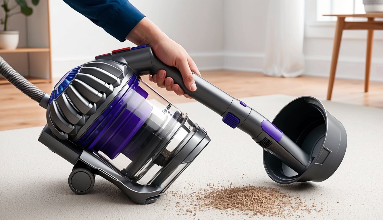 Une main tenant un aspirateur Dyson, appuyant sur le bouton de déverrouillage et retirant le bac à poussière pour le vider.