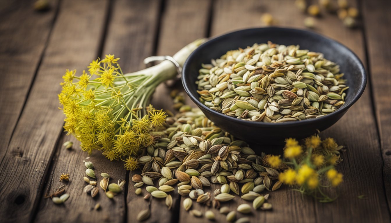 Fresh fennel bulbs, seeds, and star anise create a harmonious still life on a weathered wooden board, accentuated by a vintage tea strainer and dried fennel flowers