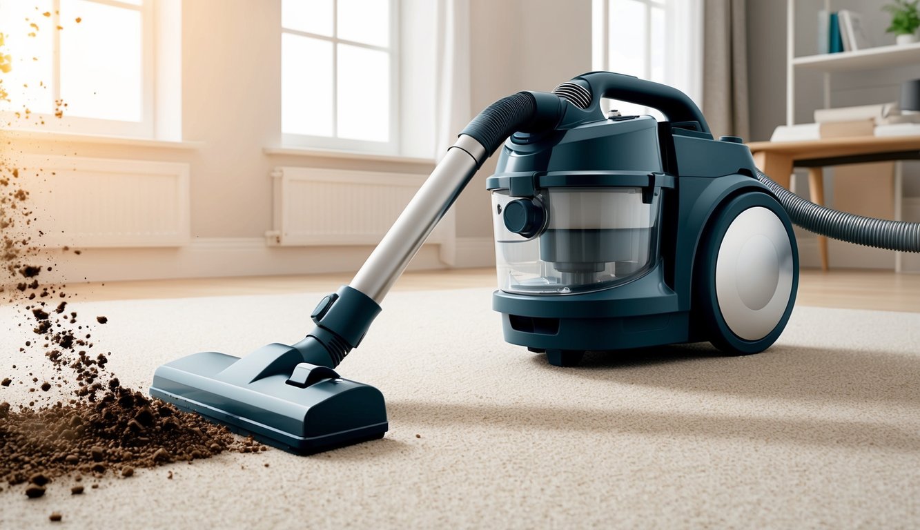 Un puissant aspirateur à traîneau en action, aspirant la saleté et les débris d'un sol recouvert de moquette dans une pièce bien éclairée.