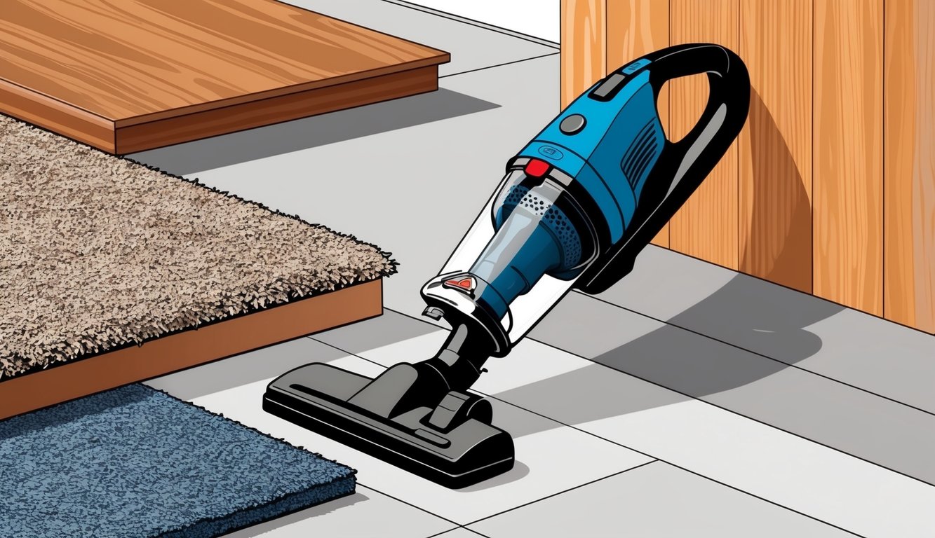 Un aspirateur avec des réglages de puissance ajustables se trouve à côté d'une variété de surfaces telles que la moquette, le bois franc et le carrelage.