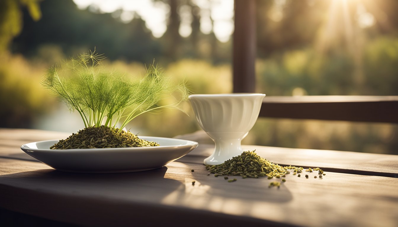 A fennel tea scene: cup, plant, and shadows in soft afternoon light, with fresh and dried fennel surrounding the serene setting