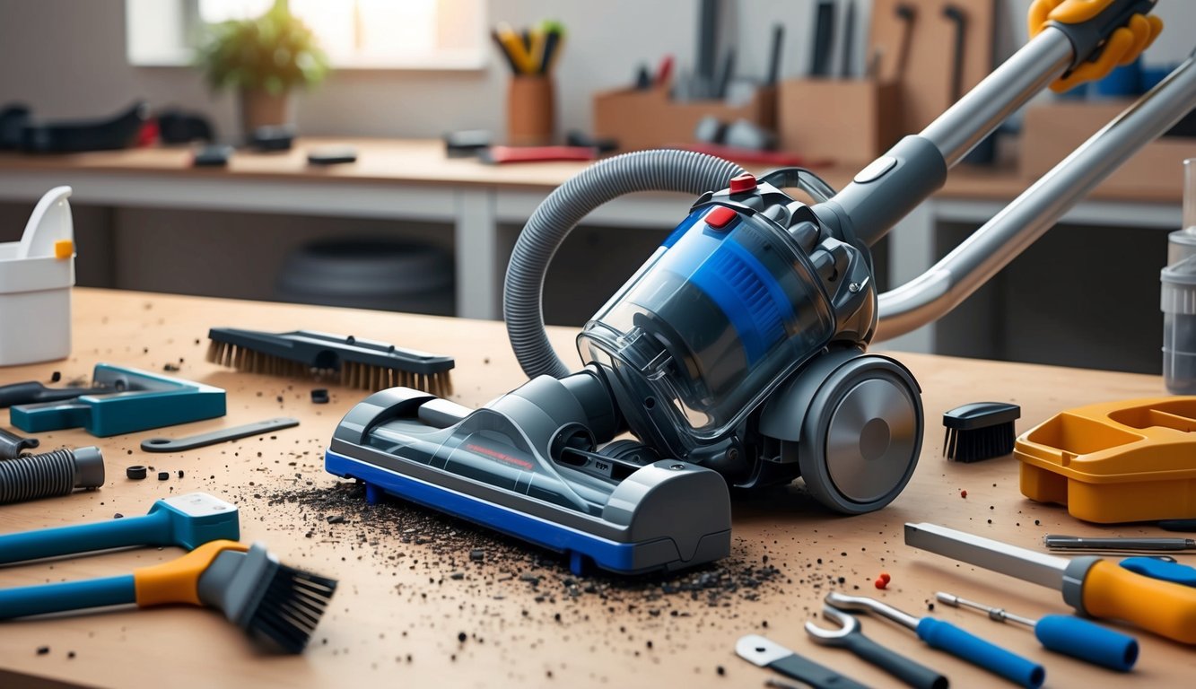 Un aspirateur démonté avec un mécanisme de brosse rotative, entouré d'outils et de pièces éparpillés sur un établi.