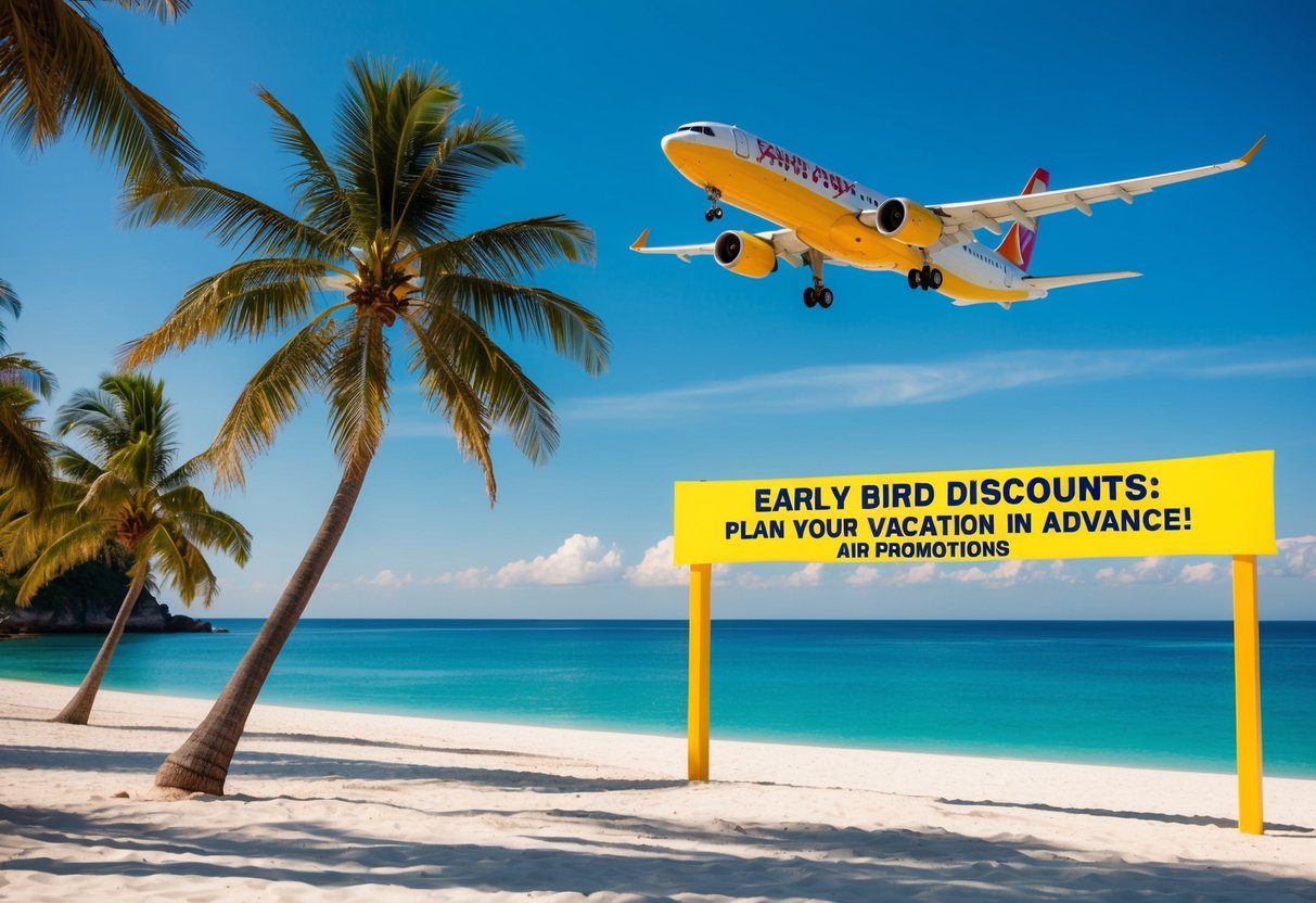 A sunny beach with palm trees, a clear blue sky, and a plane flying overhead, with a banner advertising "Early Bird Discounts: Plan Your Vacation in Advance! air asia promotions" displayed prominently