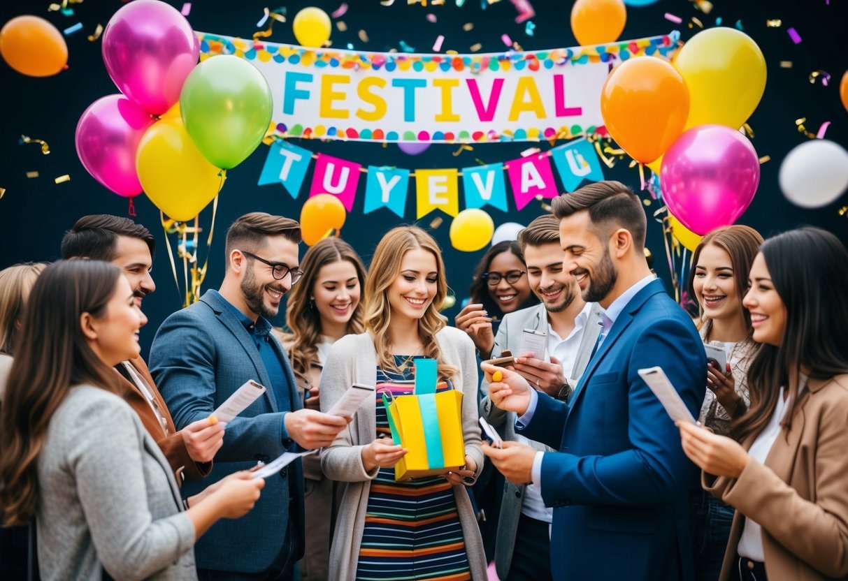 A colorful festival banner with balloons and confetti, surrounded by happy people buying tickets