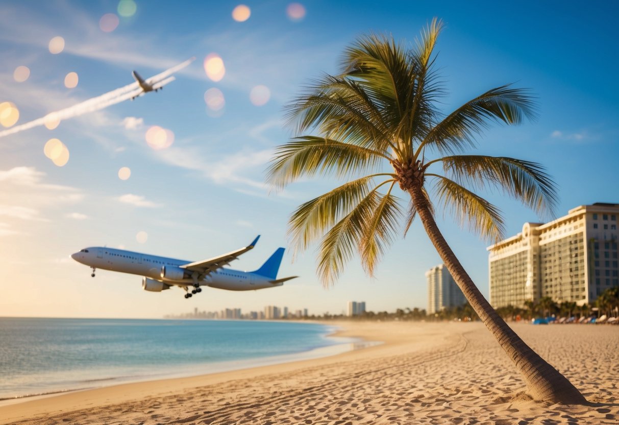 A sunny beach with a palm tree, airplane in the sky, and a hotel in the background