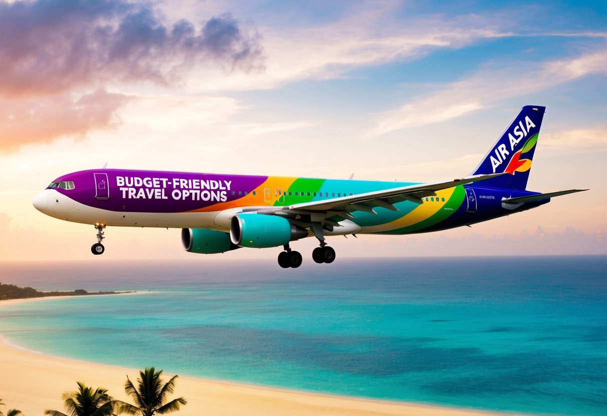 A colorful airplane flying over a tropical beach, with a banner advertising "Budget-Friendly Travel Options" from Air Asia