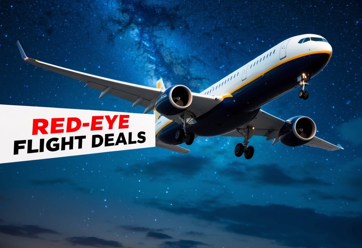 A sleek airplane flying through a starry night sky, with a bold "Red-eye Flight Deals" banner