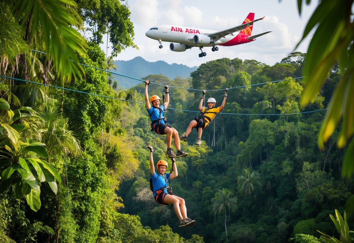 A group of adventurers zip-lining through lush jungle canopies, while a plane from Air Asia flies overhead