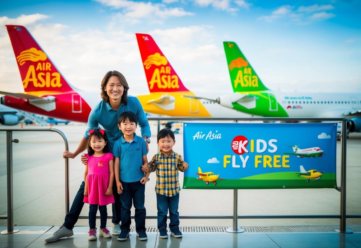 A cheerful family with young children boarding an Air Asia flight, with colorful airplanes in the background and a banner advertising "Kids Fly Free" promotions