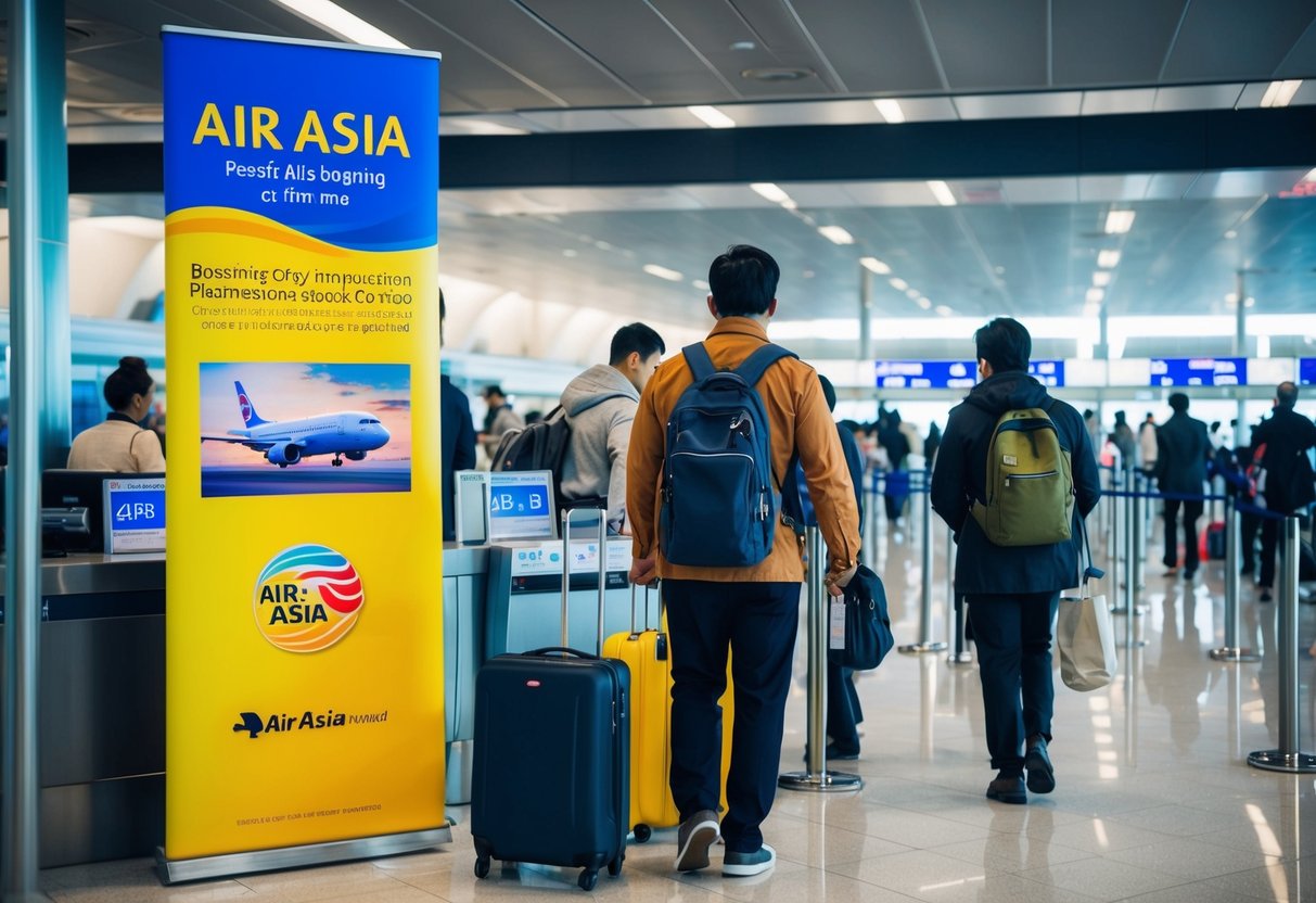 Passengers boarding an Air Asia plane, with a vibrant promotional banner displayed at the check-in counter. Busy airport terminal in the background