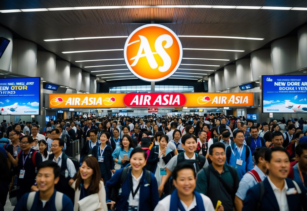 A crowded airport terminal with a prominent Air Asia logo, surrounded by excited travelers and promotional banners