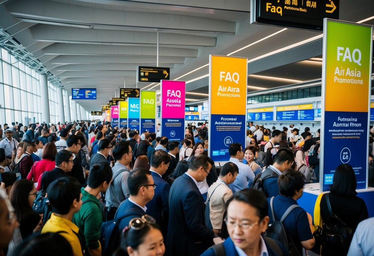 A crowded airport terminal with people lining up at an AirAsia promotions booth. Brightly colored banners and signs display FAQs