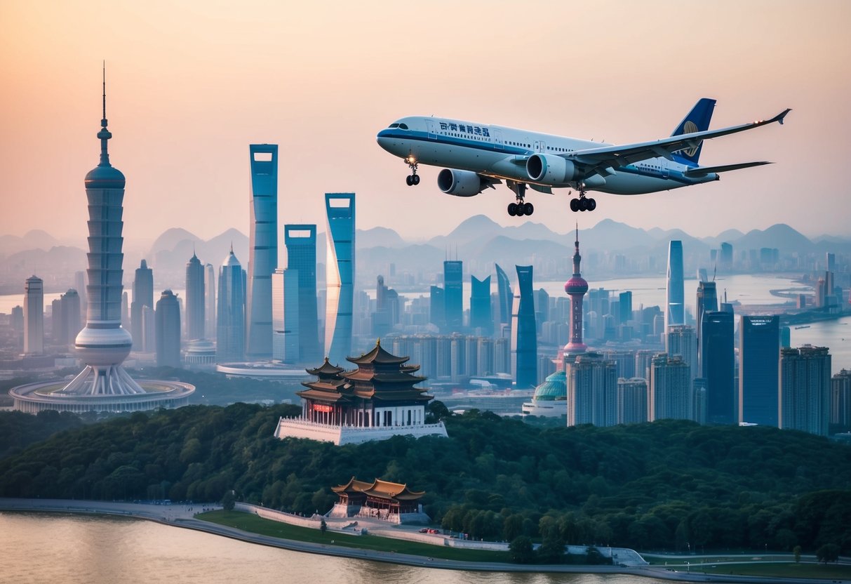 An airplane flying over iconic Chinese landmarks, with a promotional banner in the sky