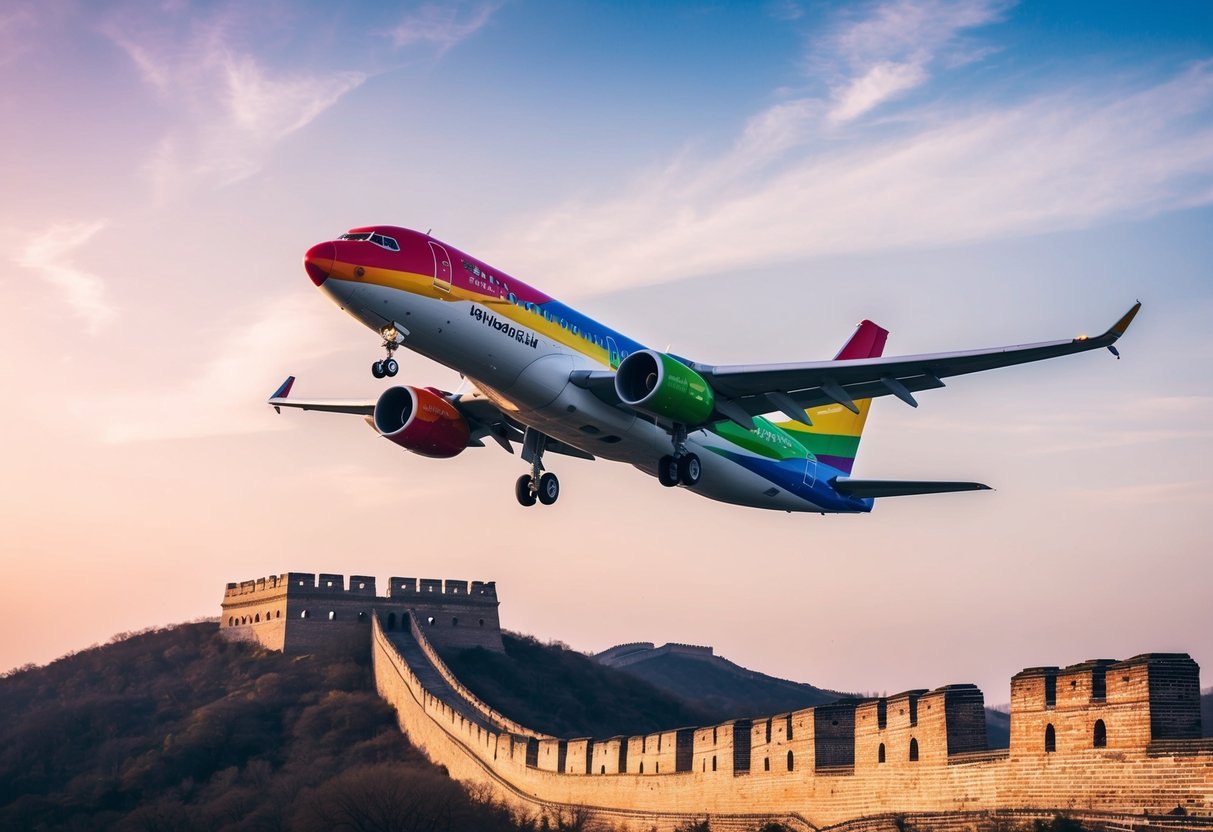A colorful airplane flying over the Great Wall of China with a promotional banner in the sky