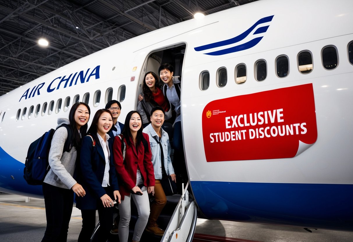 A group of students happily boarding an Air China plane, with a prominent display of the airline's exclusive student discounts