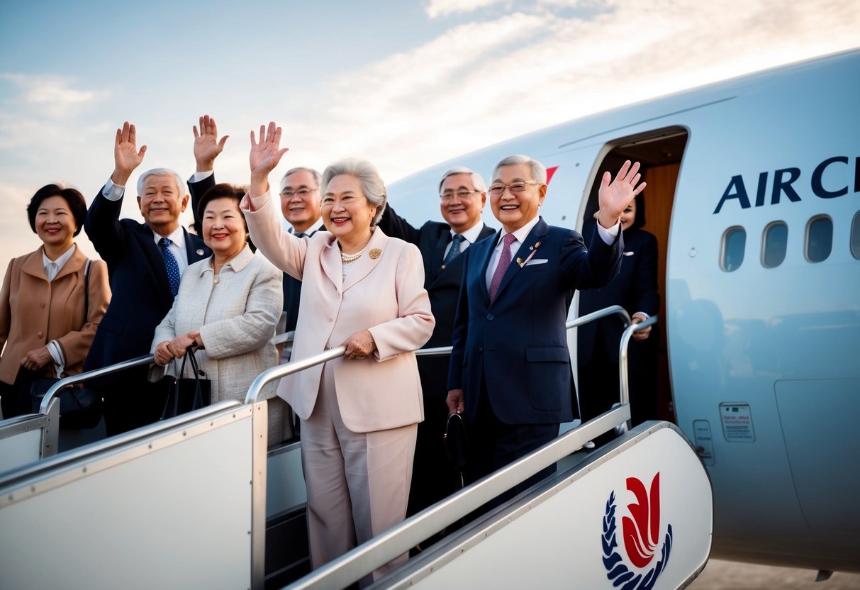 A group of senior citizens boarding an Air China plane, smiling and waving goodbye
