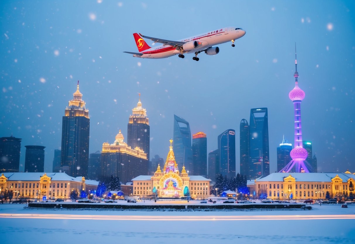Snow-covered Harbin skyline with Air China plane flying above. Snowflakes falling, colorful lights from Winter Wonderland Sale