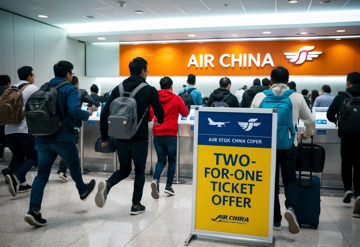 Passengers rushing to board a plane. A large "Two-for-One Ticket Offer" sign displayed at the check-in counter. Air China logo visible