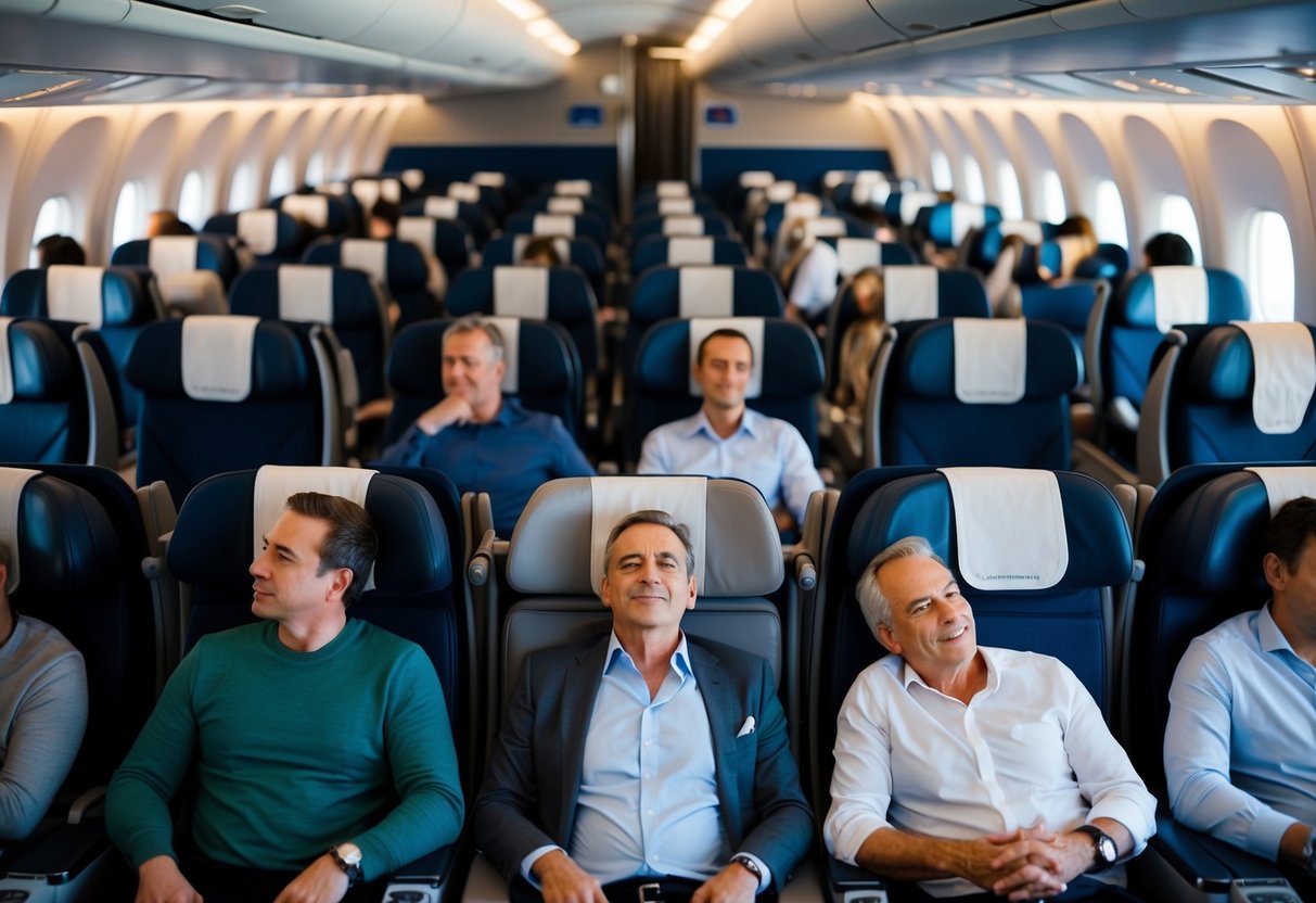 Passengers in economy seats look longingly at the spacious, luxurious business class section, where travelers relax in comfort and style
