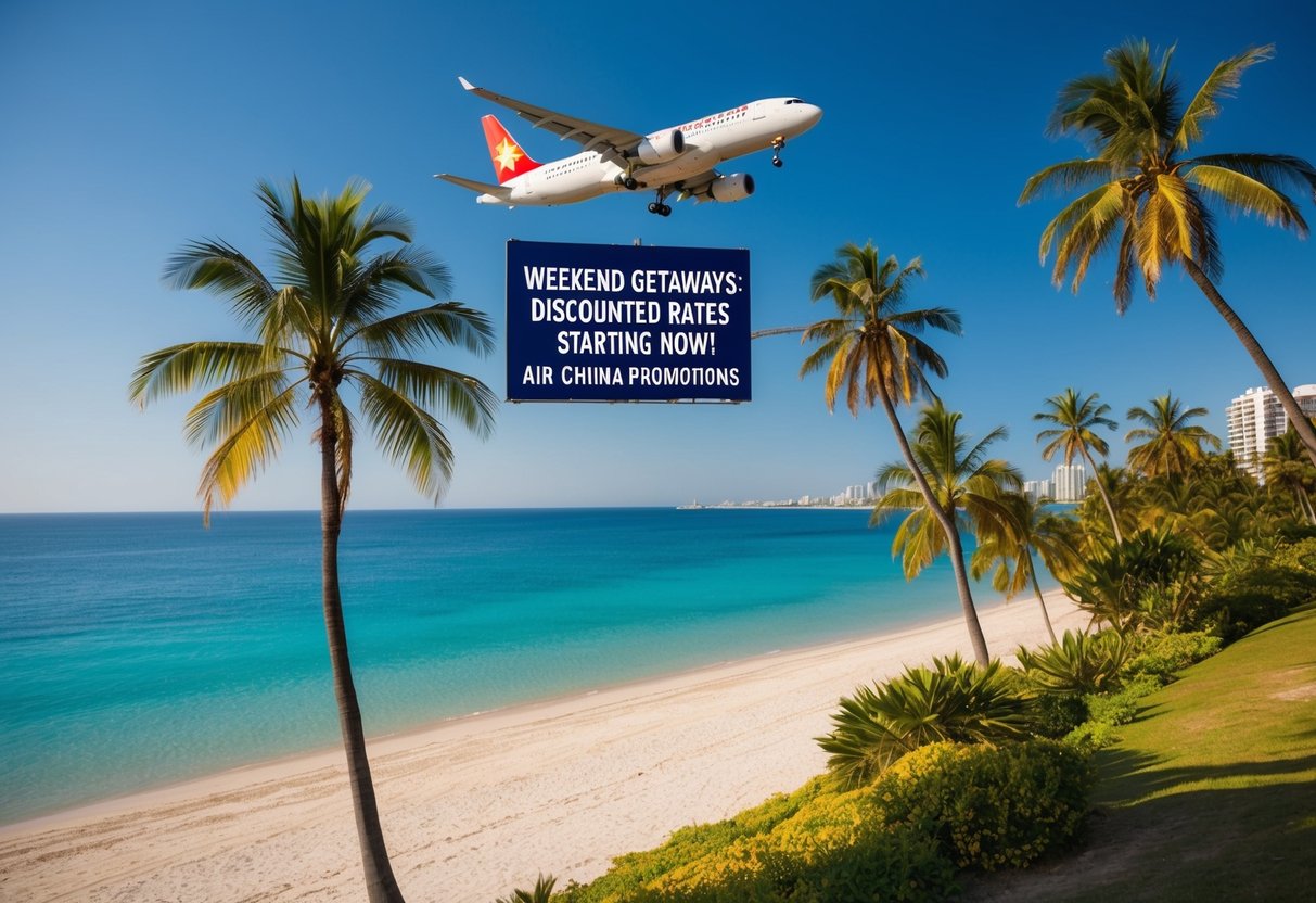 A sunny beach with palm trees, clear blue water, and a plane flying overhead advertising "Weekend Getaways: Discounted Rates Starting Now! air china promotions."