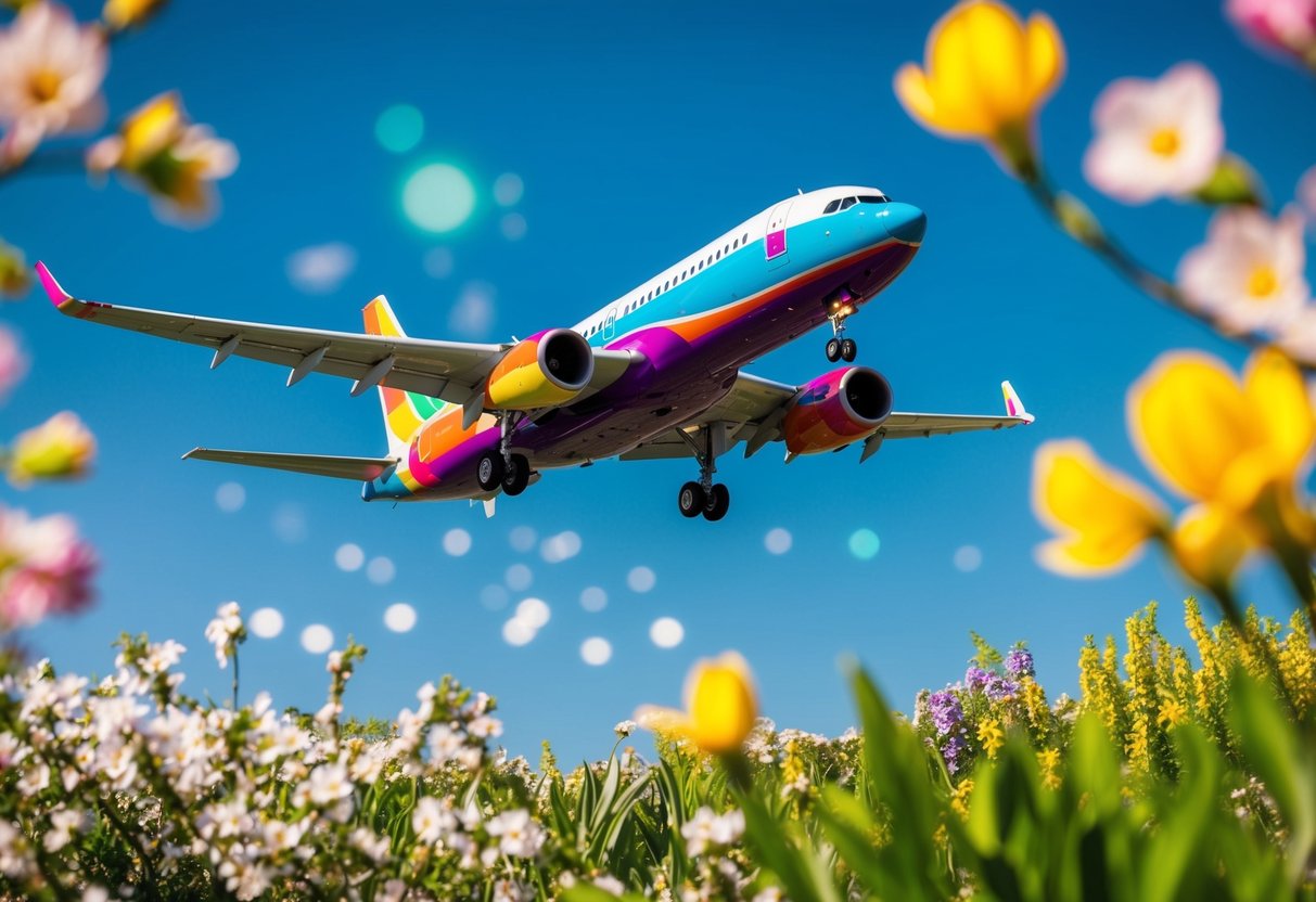 A vibrant scene of a colorful airplane soaring through a bright blue sky, surrounded by blooming spring flowers and lush greenery