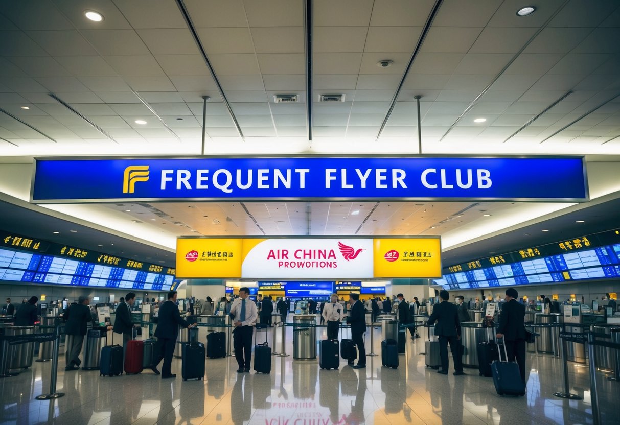 A bustling airport terminal with a prominent "Frequent Flyer Club" sign, travelers checking in, and a large Air China promotions display