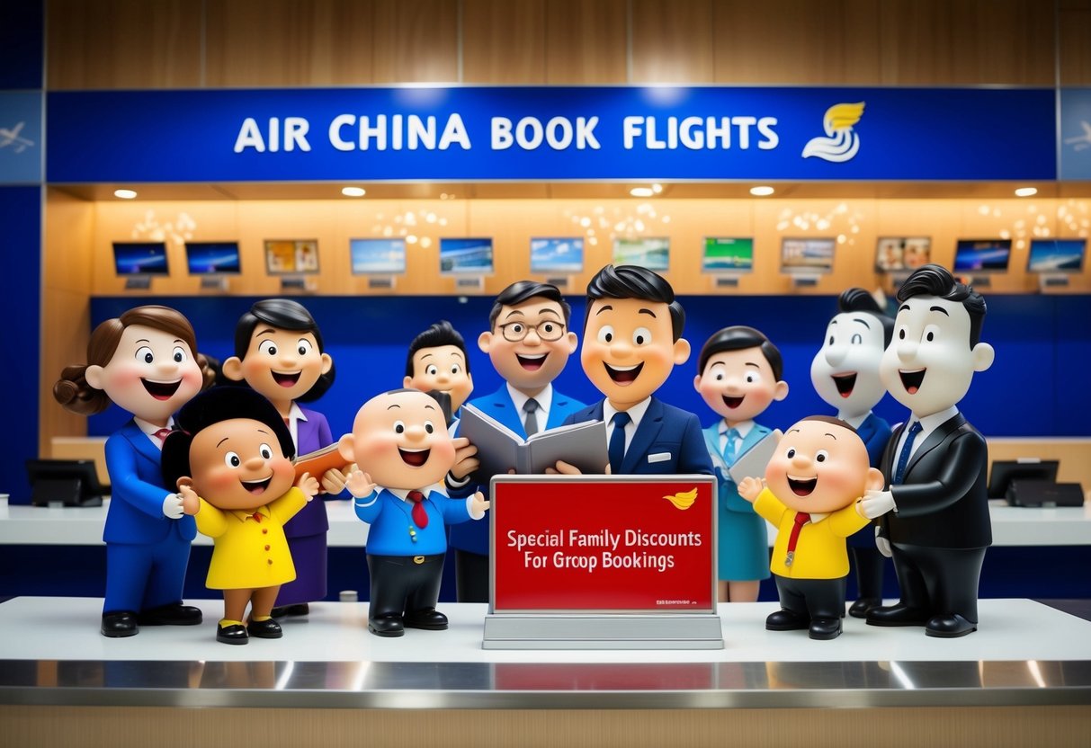 A group of diverse cartoon characters happily booking flights together at an Air China counter, with a prominent "Special Family Discounts for Group Bookings" sign displayed