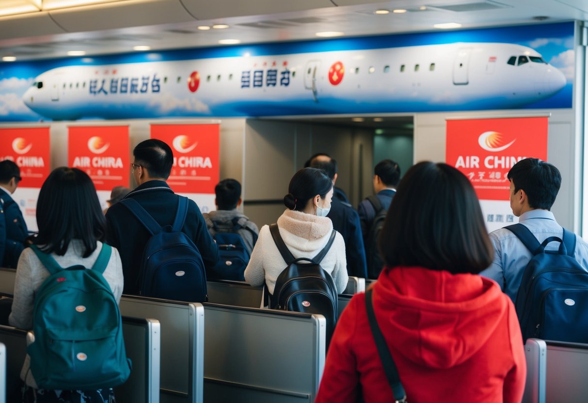 Passengers boarding Air China plane with promotional banners in background
