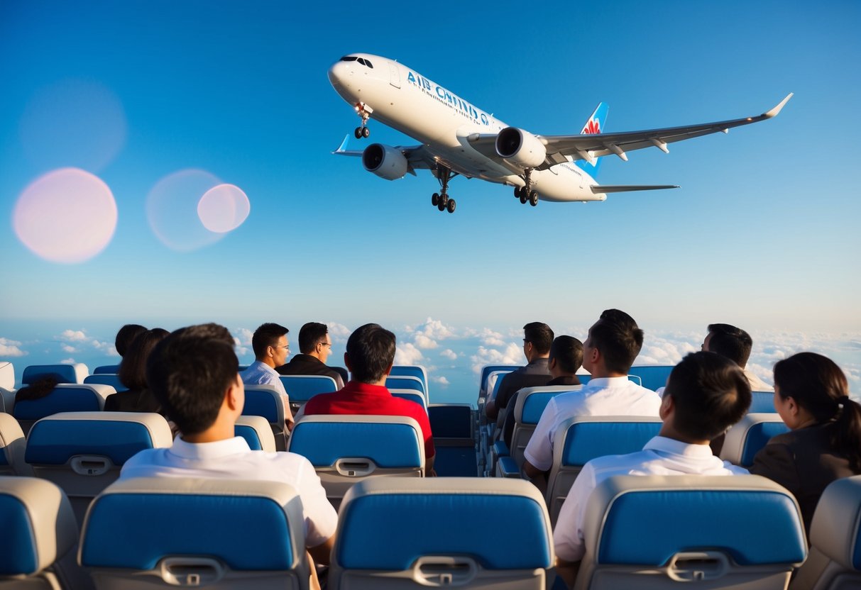 Passengers enjoying discounted Air China flights, with a plane flying high in the clear blue sky above