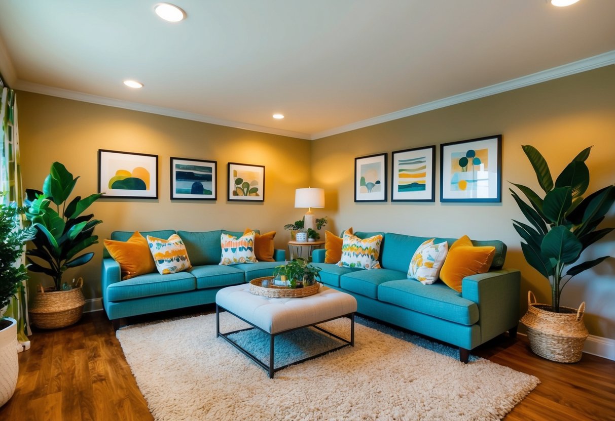 A cozy living room with colorful throw pillows, a soft area rug, and potted plants. A gallery wall of artwork and warm lighting create a welcoming atmosphere