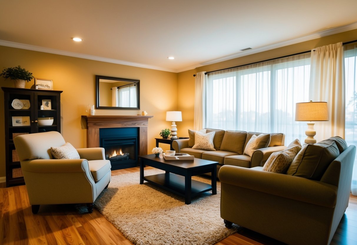 A cozy living room with warm, soft lighting and comfortable furniture, creating a welcoming and homey atmosphere