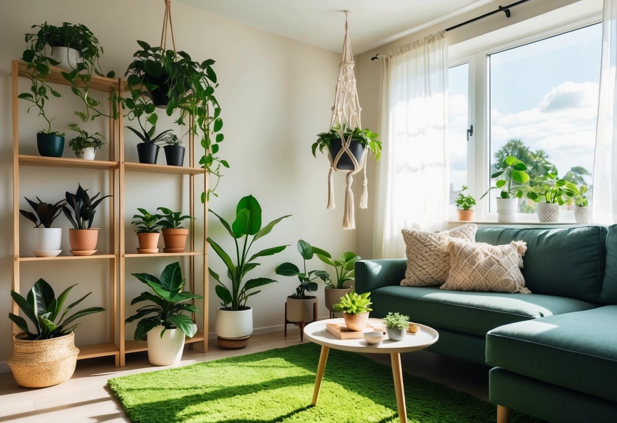 A cozy living room with potted plants on shelves, a hanging macramé plant holder, and a lush green rug. Sunlight streams in through the window, illuminating the greenery