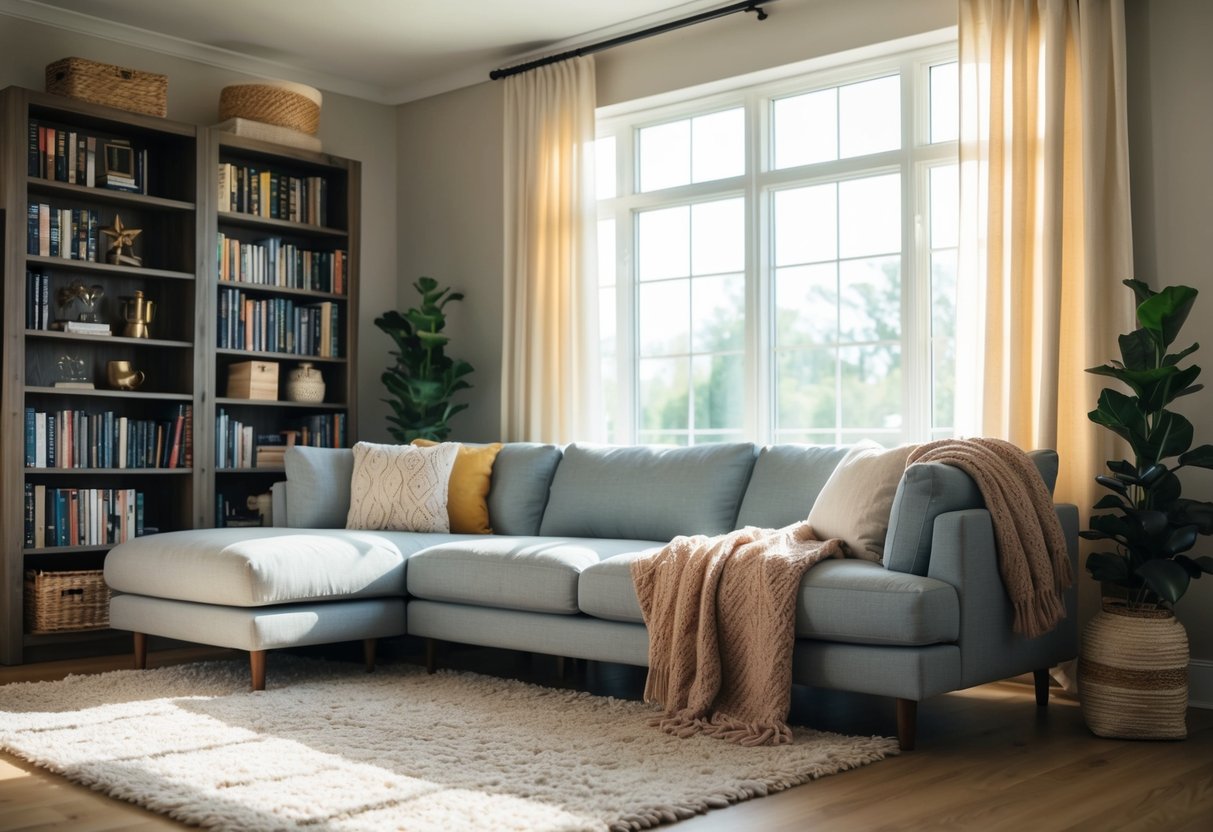 A cozy living room with a comfortable sofa, a soft rug, and a warm throw blanket. A bookshelf filled with books and decorative items. A large window with sunlight streaming in