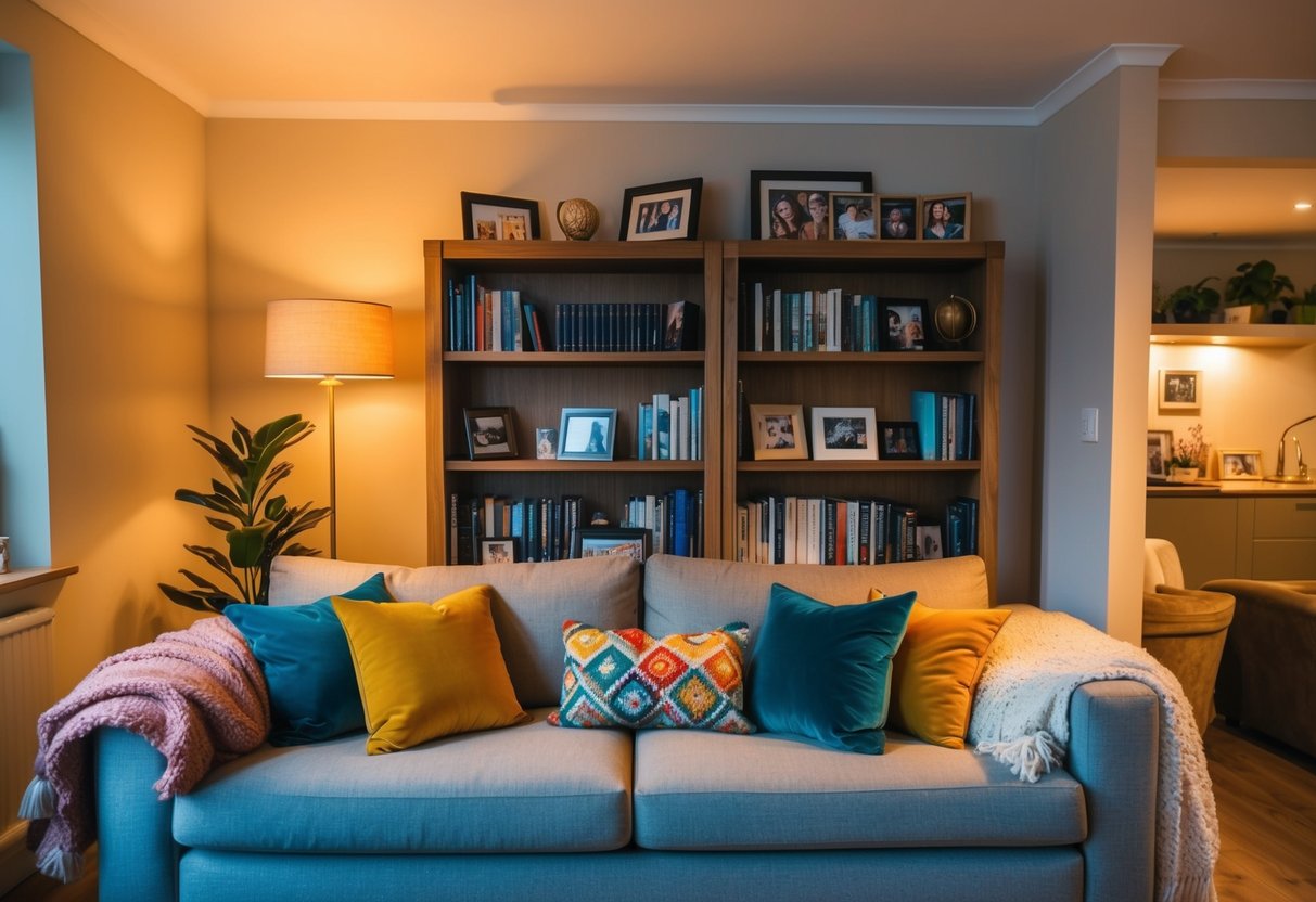 A cozy living room with warm lighting, soft throw blankets, and colorful accent pillows on a comfortable sofa. A bookshelf filled with personal items and framed photos adds a personal touch