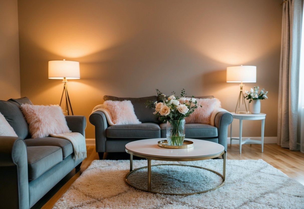 A cozy living room with warm lighting, plush throw pillows, and a soft area rug. A vase of fresh flowers sits on the coffee table, adding a touch of elegance to the space