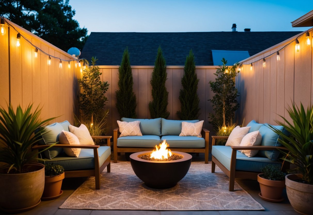 A cozy outdoor seating area with comfortable furniture, soft cushions, and warm lighting, surrounded by potted plants and a small fire pit