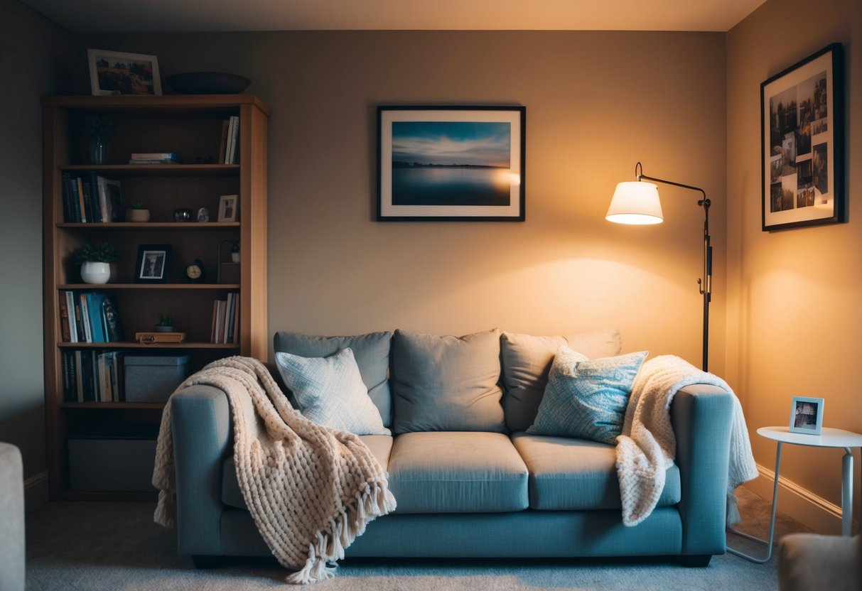 A cozy living room with a comfy couch, soft throw blankets, and warm lighting. A bookshelf filled with personal items and a framed photo on the wall