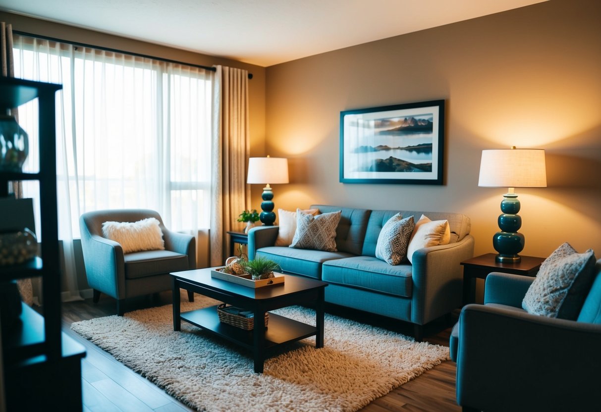 A cozy living room with warm lighting, plush furniture, and personal decor touches to make the rental property feel like home