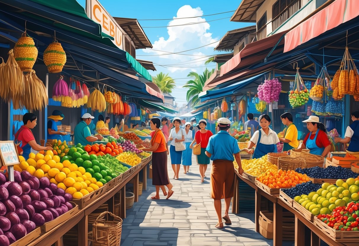 A bustling Cebu market with vibrant stalls, colorful fruits, and handmade crafts, surrounded by bustling shoppers and the sounds of local music