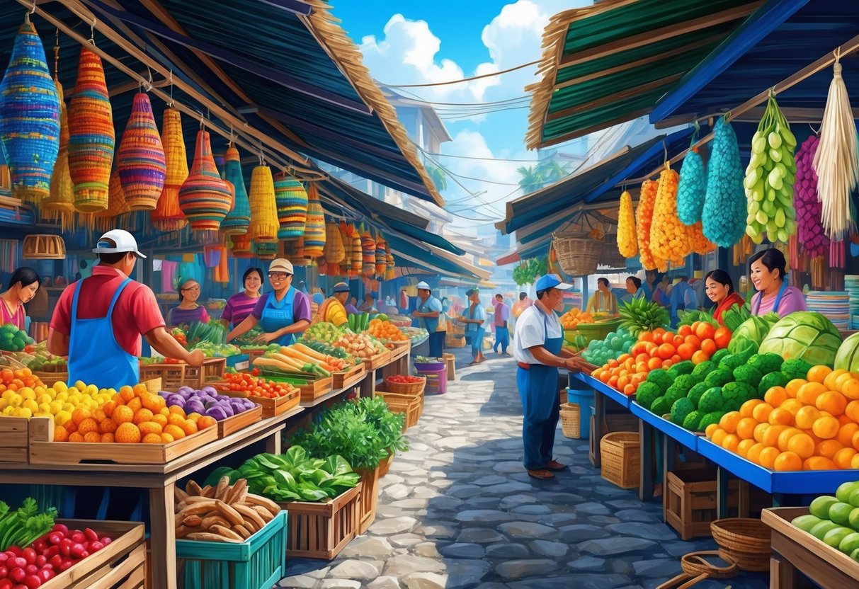 A bustling local market in Cebu, filled with colorful stalls of artisan crafts and fresh produce, surrounded by vibrant and lively atmosphere