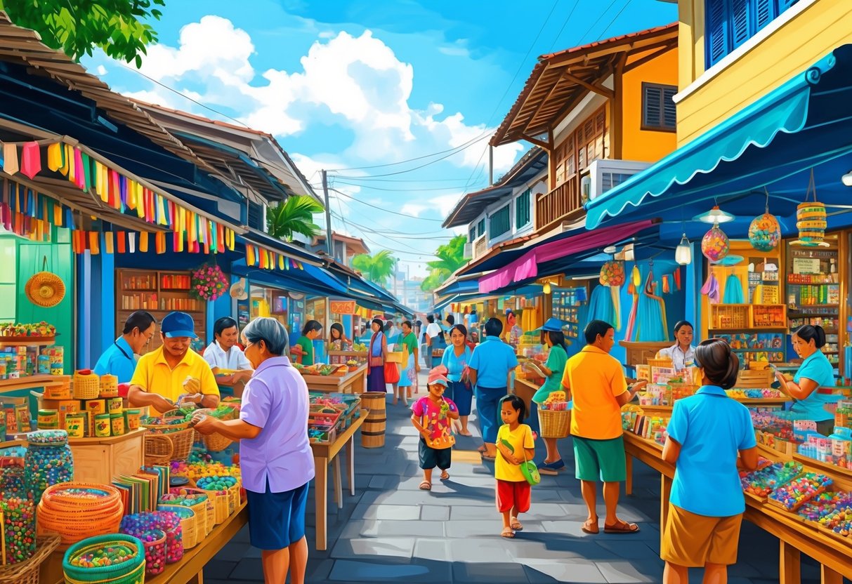 A bustling local market in Cebu, filled with vibrant artisan shops selling handmade crafts and products. The scene is alive with activity and color, showcasing the thriving artisan culture of the city