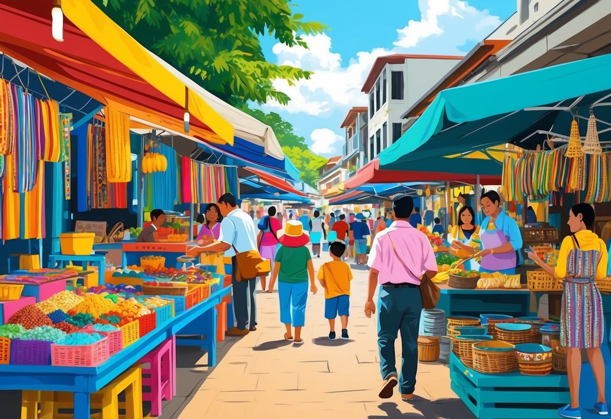 A bustling market scene in Cebu, with colorful stalls and diverse artisan shops. The vibrant energy of the local community is evident in the lively atmosphere