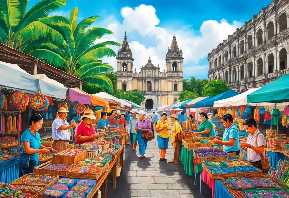 A bustling market in Cebu, filled with vibrant colors and intricate handmade crafts, surrounded by historic buildings and lush tropical greenery