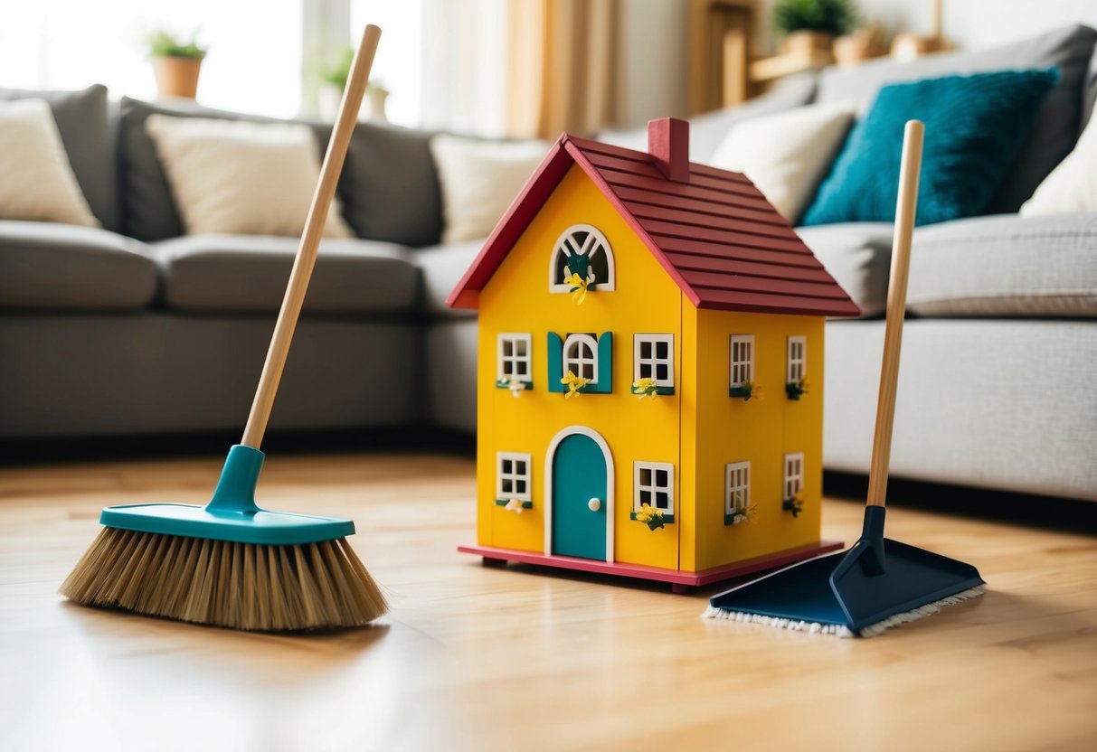 A cozy living room with a wooden doll's house as the focal point. A small broom and dustpan sit nearby, ready for regular cleaning and maintenance