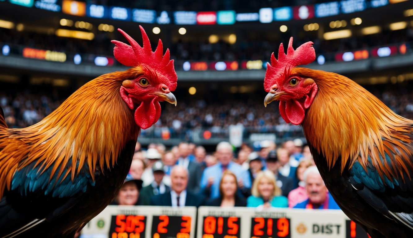 Dua ayam jantan berhadapan di arena yang ramai, dikelilingi oleh penonton yang bersorak dan bandar taruhan yang menampilkan peluang.