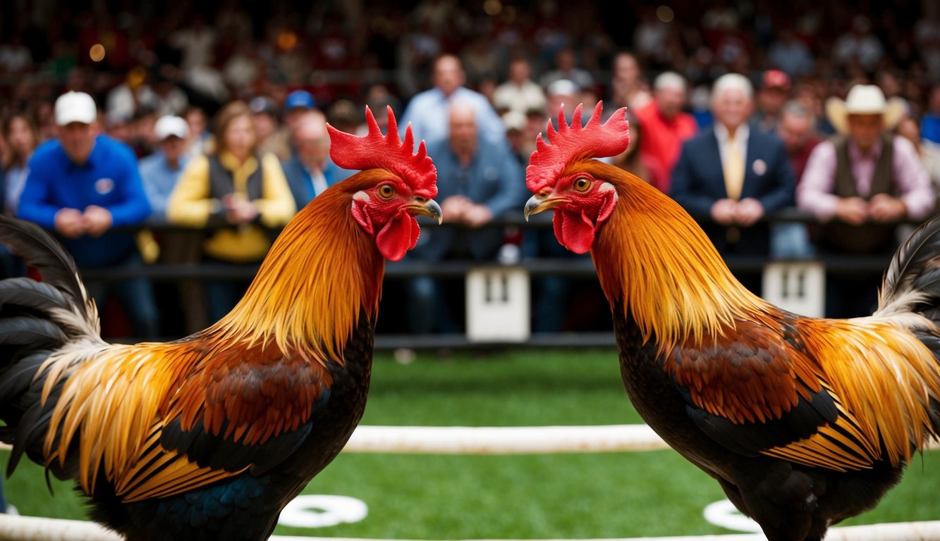 Dua ayam jantan berhadapan di arena yang ramai, dikelilingi oleh penonton yang bersorak dan deretan tempat taruhan.