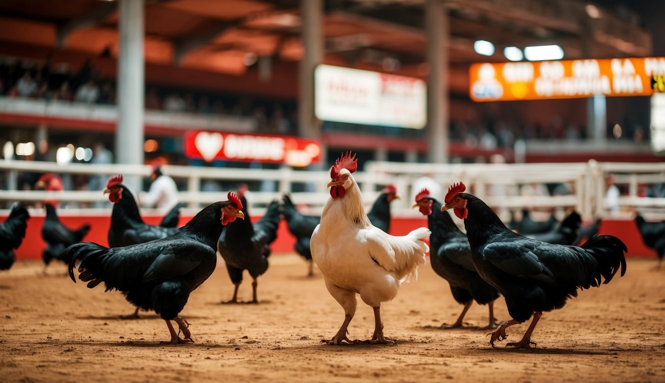 Sebuah arena sabung ayam resmi yang ramai dengan transaksi cepat