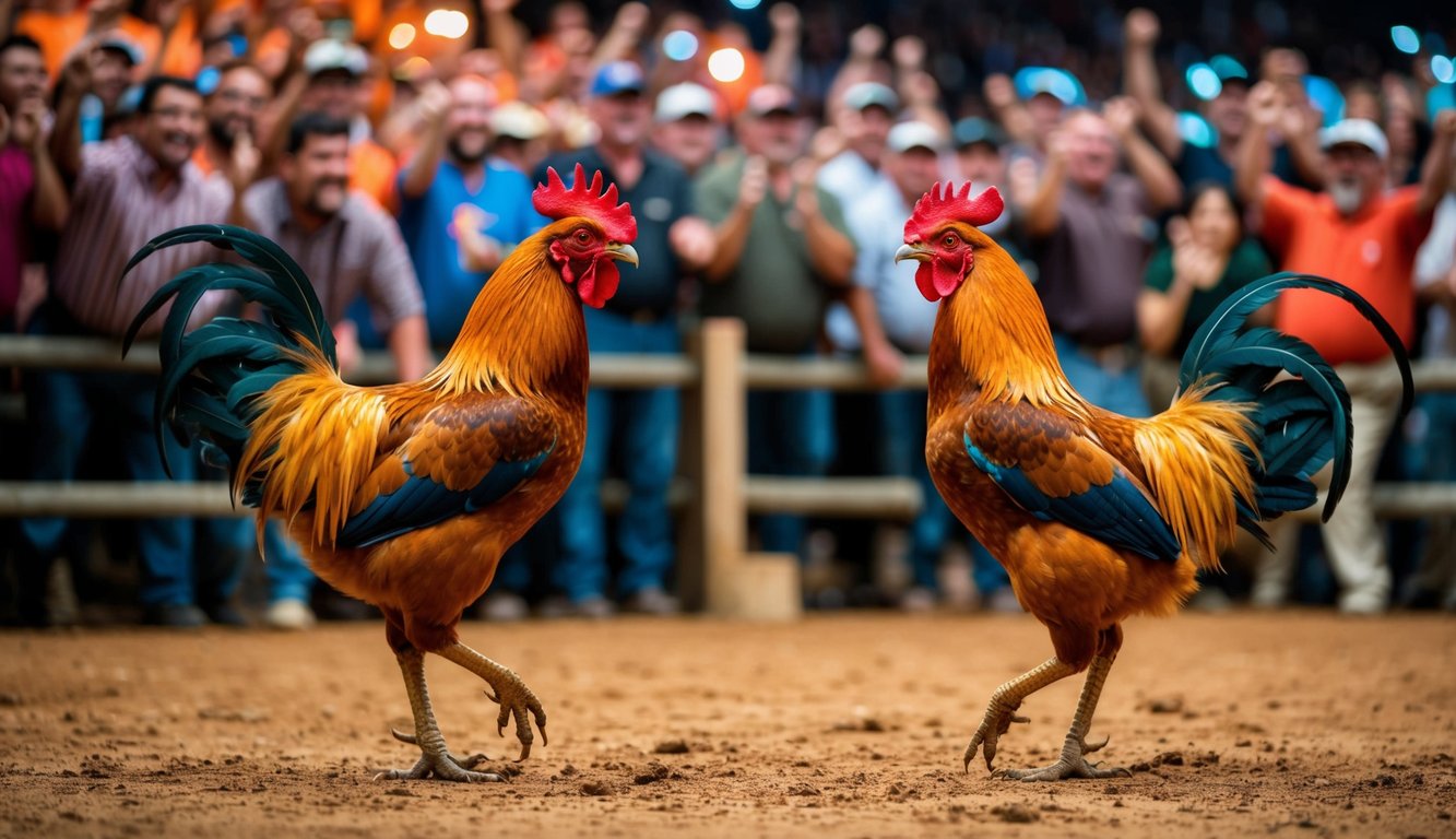 Sebuah arena yang ramai dengan dua ayam jantan yang berhadapan dalam pertarungan ayam yang sengit dikelilingi oleh penonton yang bersorak.