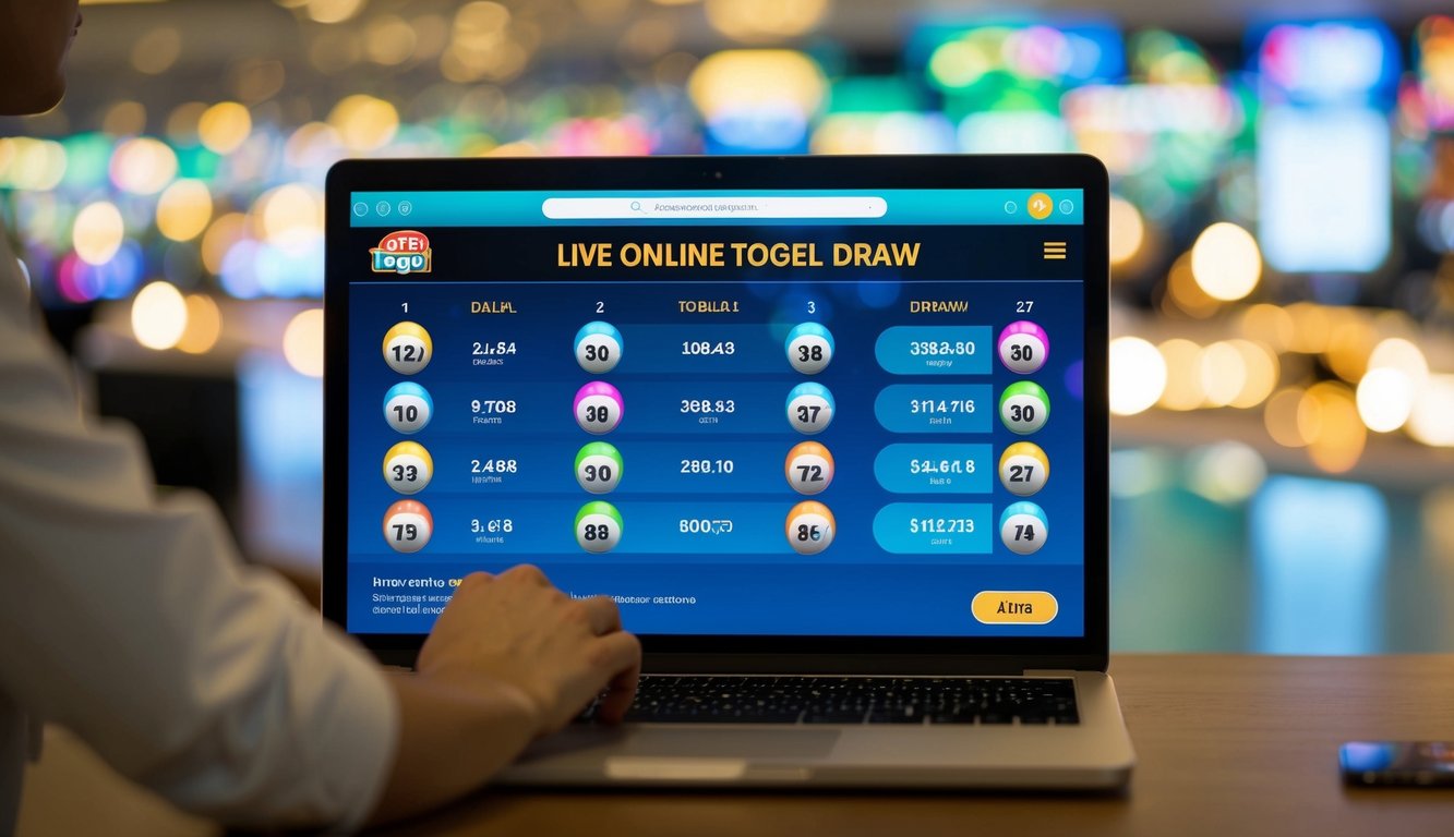 Sebuah layar digital yang menampilkan undian togel online secara langsung dengan bola berwarna-warni dan antarmuka yang ramping