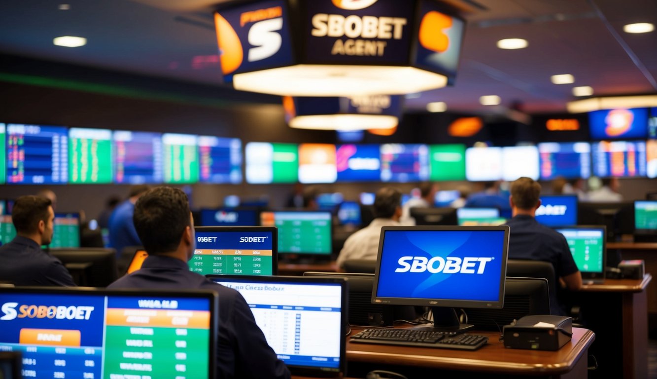 Sebuah sportsbook yang ramai dengan layar digital yang menampilkan peluang langsung dan logo agen sbobet resmi